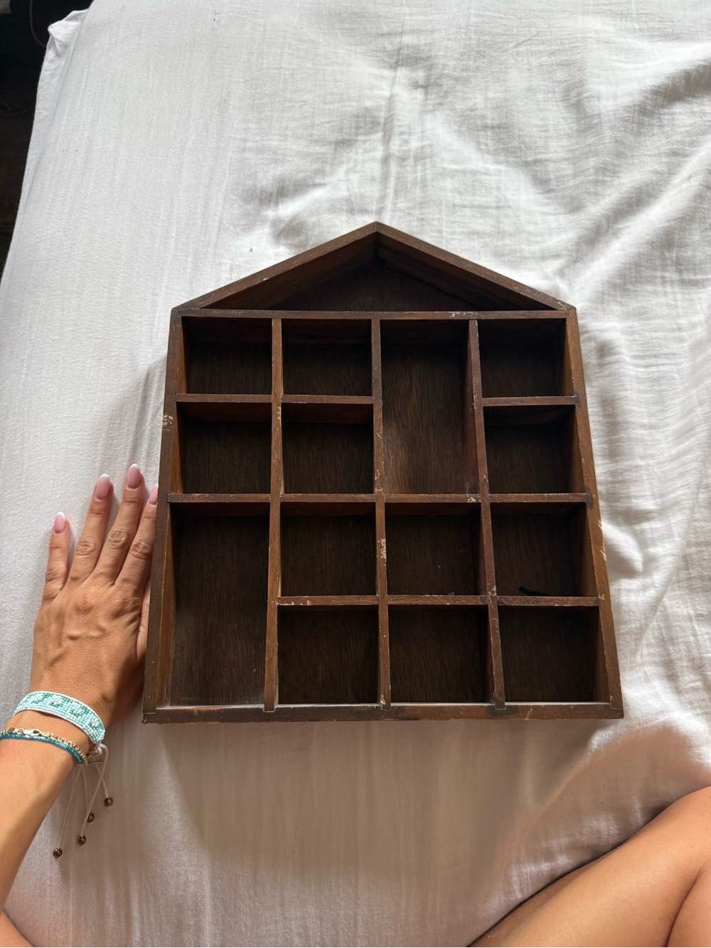 Vintage Wooden House-Shaped Display Shelf in Brown